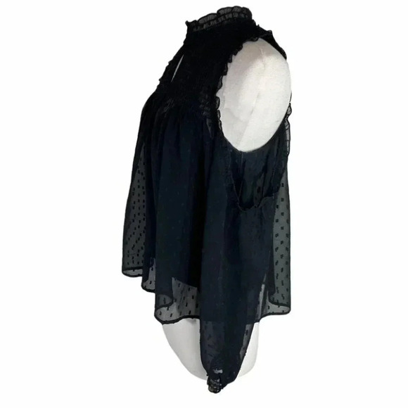 AEO S blouse black smocked ruffled open shoulder lined sheer top - Picture 2 of 7